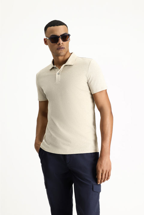 Medium Beige Polo Collar Slim Fit Linen Blend T-shirt