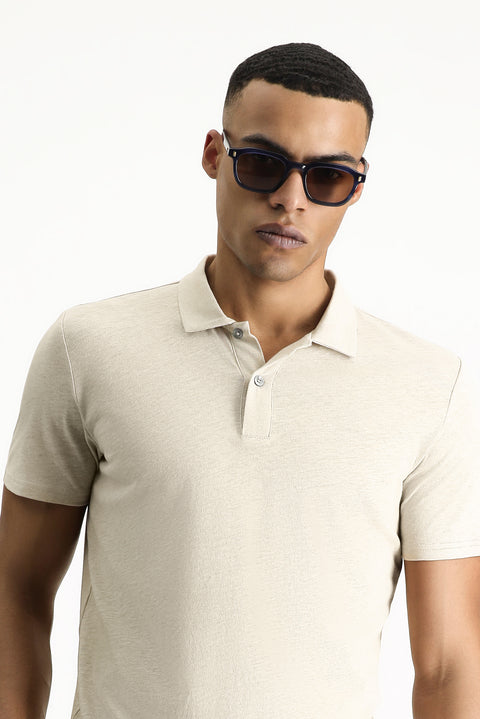 Medium Beige Polo Collar Slim Fit Linen Blend T-shirt
