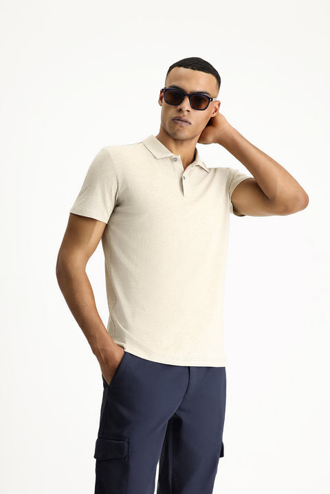 Medium Beige Polo Collar Slim Fit Linen Blend T-shirt
