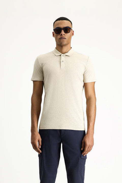 Medium Beige Polo Collar Slim Fit Linen Blend T-shirt