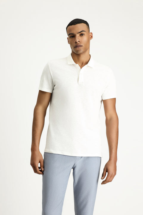 White Polo Collar Slim Fit Linen Blend T-shirt