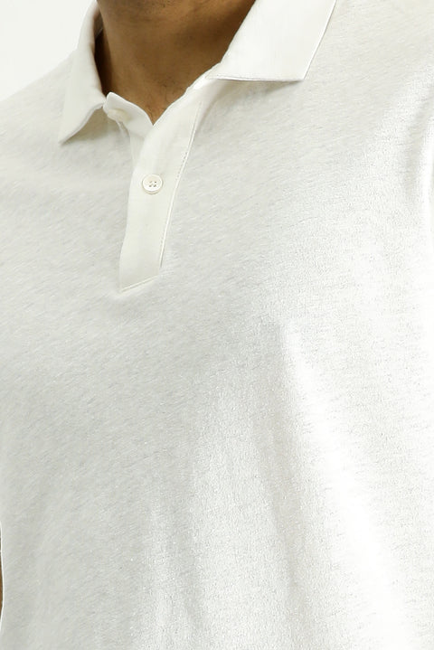 White Polo Collar Slim Fit Linen Blend T-shirt
