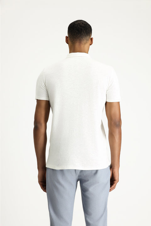 White Polo Collar Slim Fit Linen Blend T-shirt