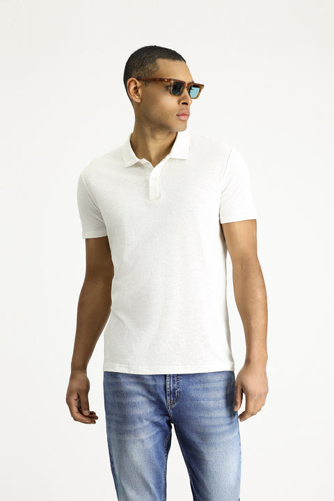 White Polo Collar Slim Fit Linen Blend T-shirt