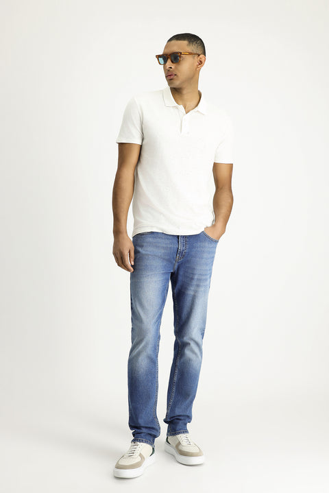 White Polo Collar Slim Fit Linen Blend T-shirt