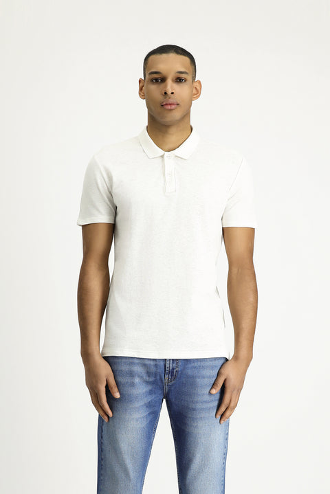 White Polo Collar Slim Fit Linen Blend T-shirt