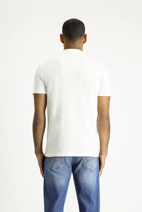 White Polo Collar Slim Fit Linen Blend T-shirt