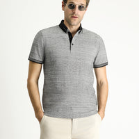 Black Polo Collar Slim Fit Patterned T-shirt