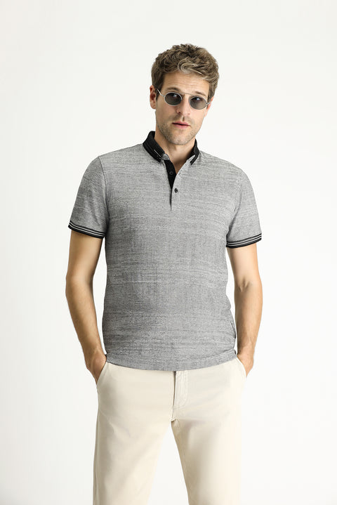 Black Polo Collar Slim Fit Patterned T-shirt