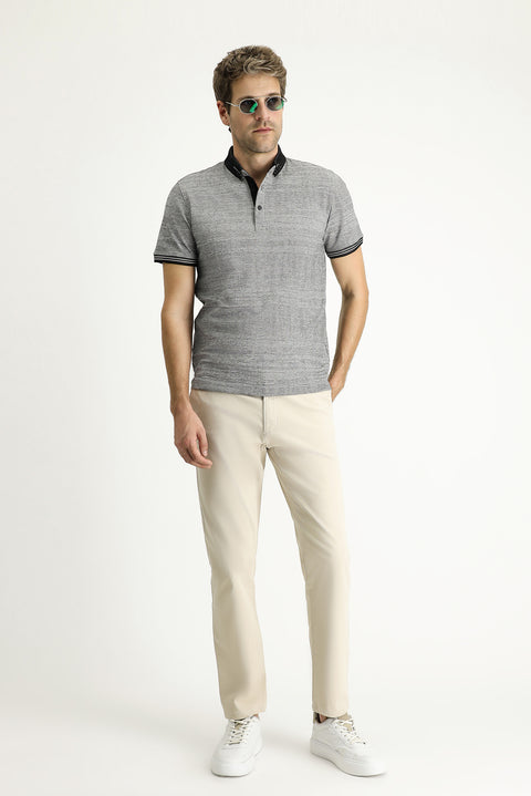 Black Polo Collar Slim Fit Patterned T-shirt