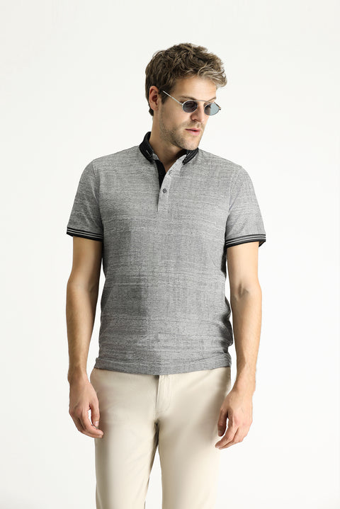 Black Polo Collar Slim Fit Patterned T-shirt