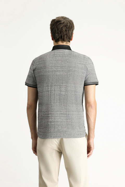 Black Polo Collar Slim Fit Patterned T-shirt