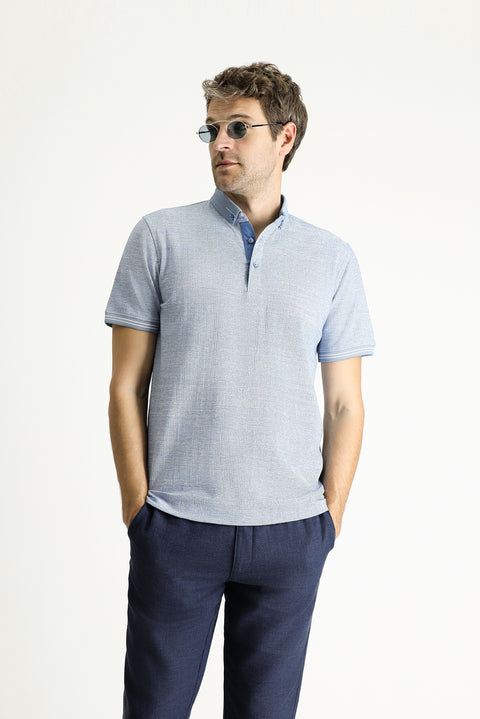 Light Navy Blue Polo Collar Slim Fit Patterned T-shirt