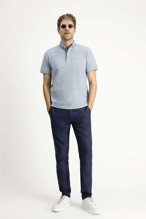 Light Navy Blue Polo Collar Slim Fit Patterned T-shirt