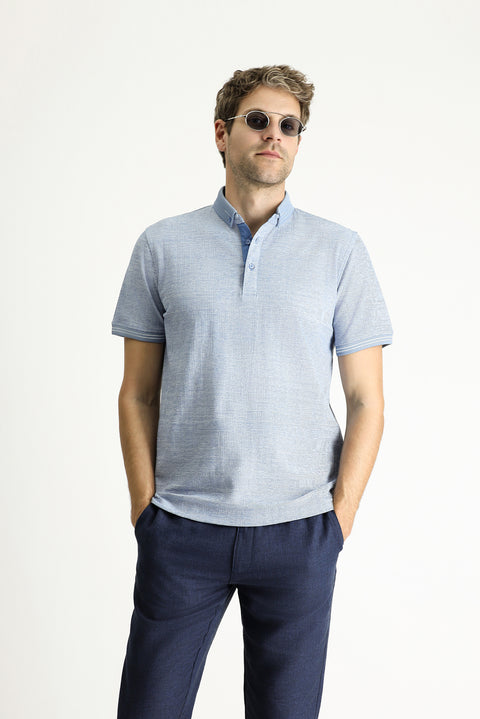 Light Navy Blue Polo Collar Slim Fit Patterned T-shirt