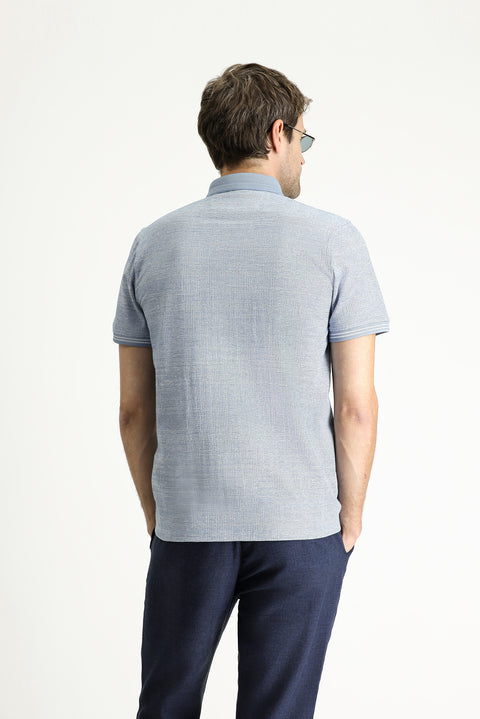 Light Navy Blue Polo Collar Slim Fit Patterned T-shirt