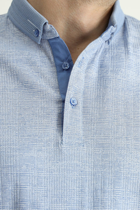Light Navy Blue Polo Collar Slim Fit Patterned T-shirt