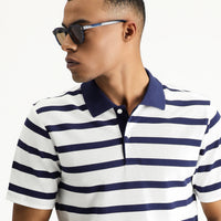 Dark Navy Polo Collar Slim Fit Patterned Cotton T-shirt