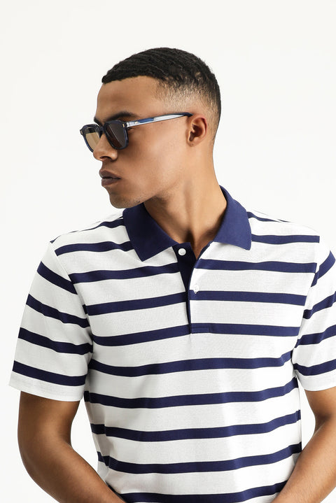 Dark Navy Polo Collar Slim Fit Patterned Cotton T-shirt