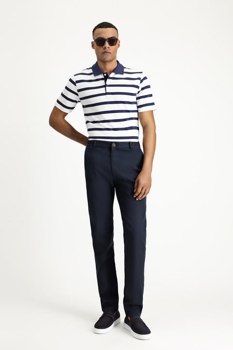Dark Navy Polo Collar Slim Fit Patterned Cotton T-shirt