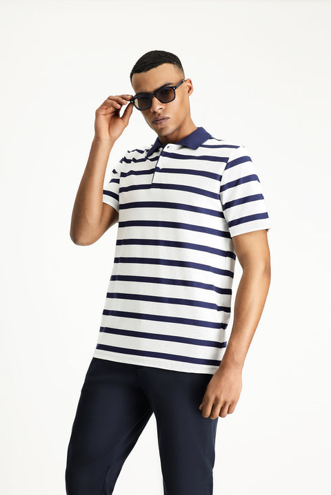 Dark Navy Polo Collar Slim Fit Patterned Cotton T-shirt
