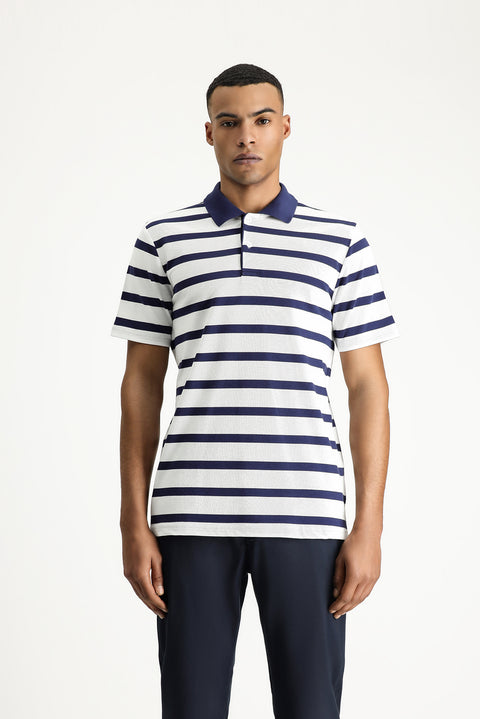 Dark Navy Polo Collar Slim Fit Patterned Cotton T-shirt