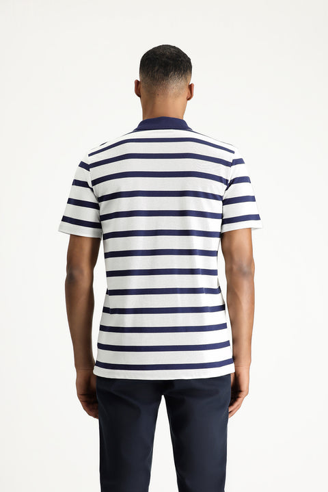 Dark Navy Polo Collar Slim Fit Patterned Cotton T-shirt