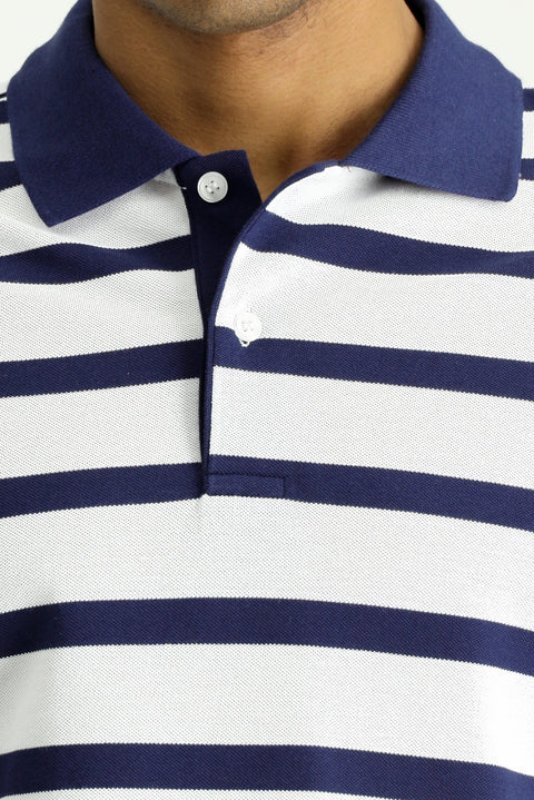 Dark Navy Polo Collar Slim Fit Patterned Cotton T-shirt
