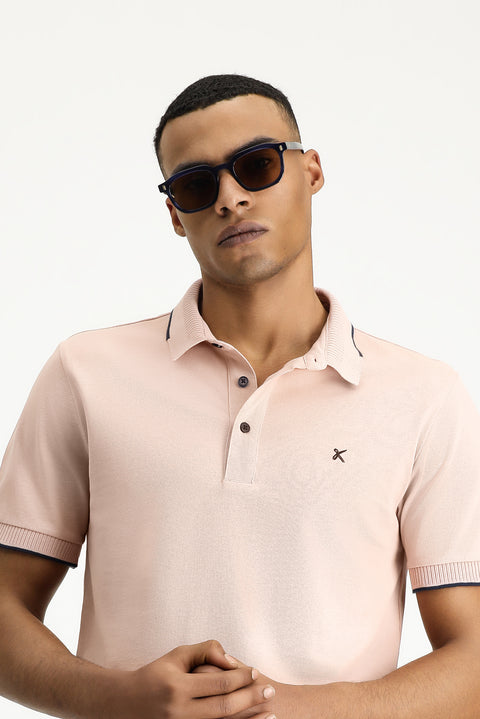 Dusty Pink Polo Collar Slim Fit Narrow Cut Patterned Embroidered Cotton T-shirt