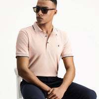 Dusty Pink Polo Collar Slim Fit Narrow Cut Patterned Embroidered Cotton T-shirt