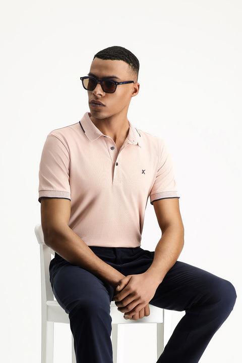 Dusty Pink Polo Collar Slim Fit Narrow Cut Patterned Embroidered Cotton T-shirt