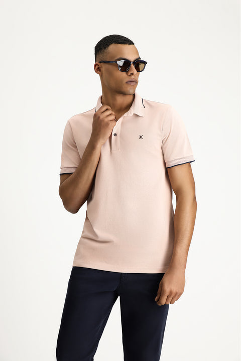 Dusty Pink Polo Collar Slim Fit Narrow Cut Patterned Embroidered Cotton T-shirt