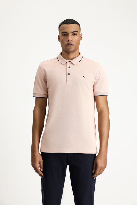 Dusty Pink Polo Collar Slim Fit Narrow Cut Patterned Embroidered Cotton T-shirt