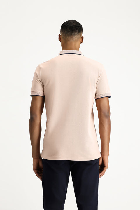 Dusty Pink Polo Collar Slim Fit Narrow Cut Patterned Embroidered Cotton T-shirt