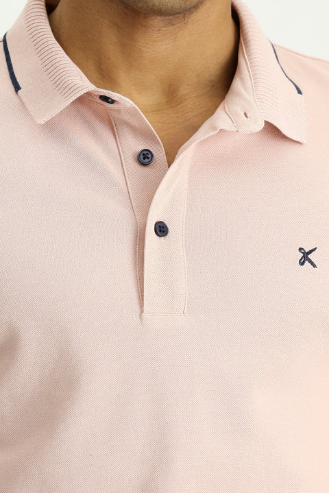 Dusty Pink Polo Collar Slim Fit Narrow Cut Patterned Embroidered Cotton T-shirt