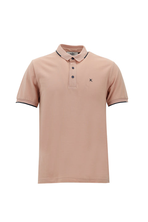 Dusty Pink Polo Collar Slim Fit Narrow Cut Patterned Embroidered Cotton T-shirt