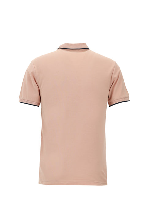 Dusty Pink Polo Collar Slim Fit Narrow Cut Patterned Embroidered Cotton T-shirt