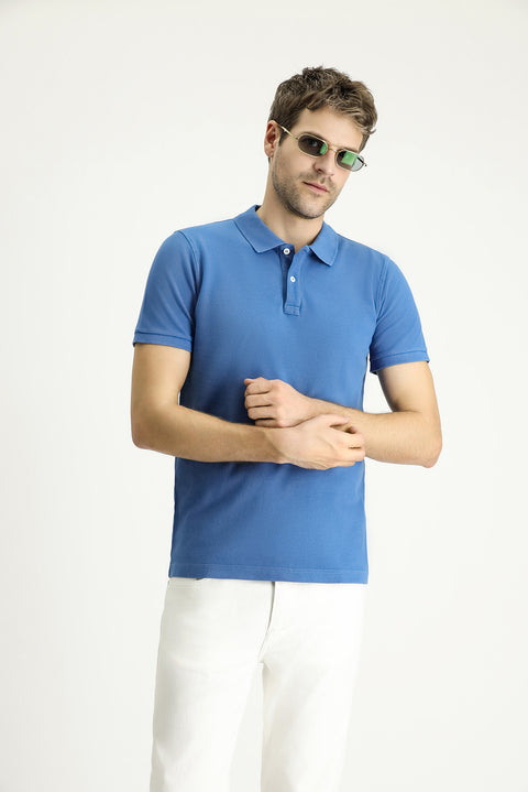 Indigo Slim Fit Embroidered Cotton Polo Shirt