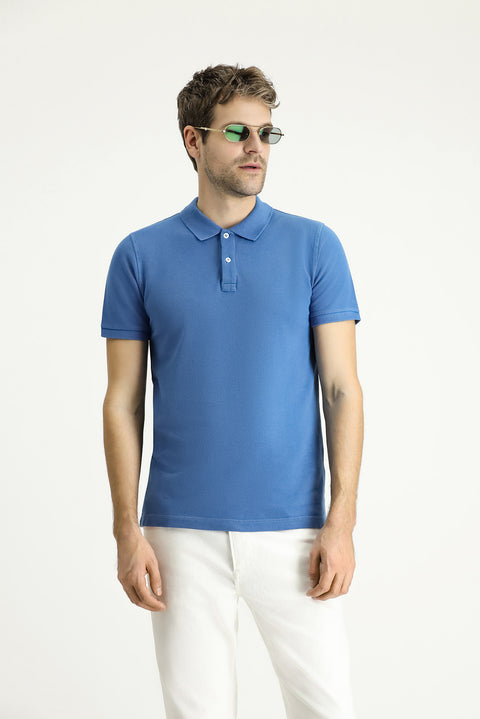 Indigo Slim Fit Embroidered Cotton Polo Shirt