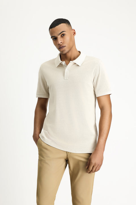 Medium Beige Slim Fit Embroidered Cotton Polo Shirt