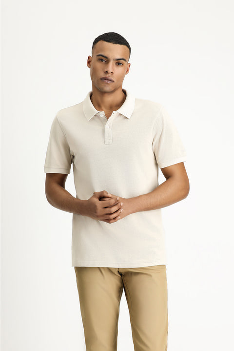Medium Beige Slim Fit Embroidered Cotton Polo Shirt