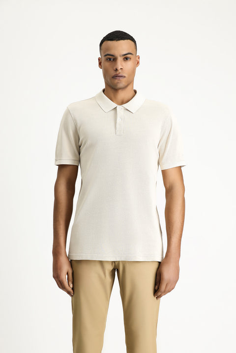 Medium Beige Slim Fit Embroidered Cotton Polo Shirt