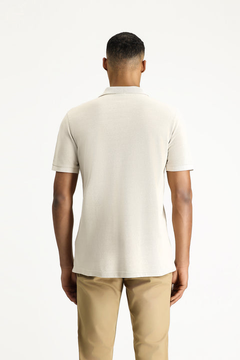 Medium Beige Slim Fit Embroidered Cotton Polo Shirt