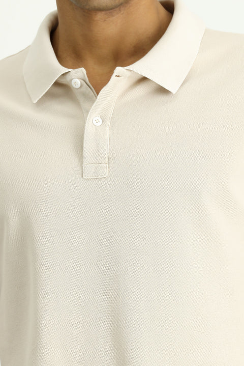 Medium Beige Slim Fit Embroidered Cotton Polo Shirt