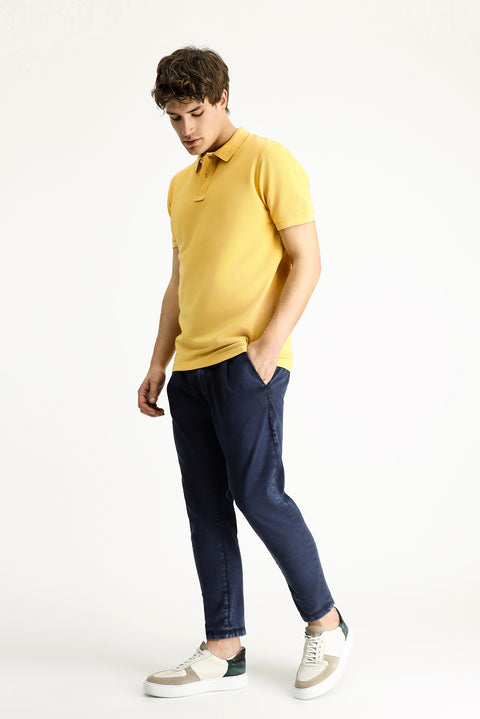 Dark Yellow Slim Fit Embroidered Cotton Polo Shirt