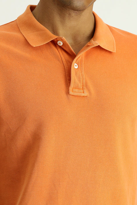 Light Orange Slim Fit Embroidered Cotton Polo Shirt