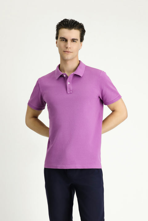 Açık Mor Slim Fit Dar Kesim Nakışlı Pamuk Polo Yaka Tişört