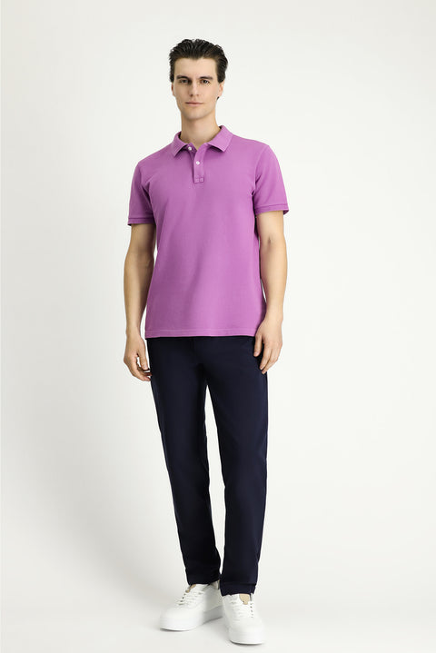 Açık Mor Slim Fit Dar Kesim Nakışlı Pamuk Polo Yaka Tişört