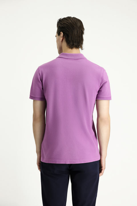 Açık Mor Slim Fit Dar Kesim Nakışlı Pamuk Polo Yaka Tişört