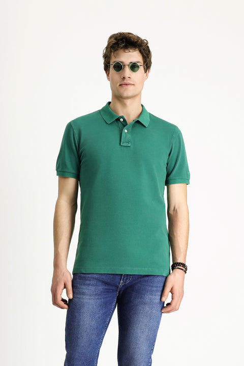 Dark Green Slim Fit Embroidered Cotton Polo Shirt